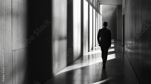 Wallpaper Mural A grayscale image of a person walking a long hallway. Torontodigital.ca