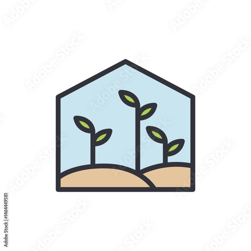 Stylized greenhouse icon illustration of budding plants for sustainability