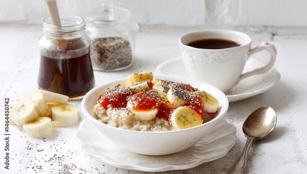 Delicious and Nutritious Breakfast Bowl with Oatmeal, Fresh Bananas, Strawberry Jam, Chia Seeds, and a Cup of Coffee on a Bright Table Delicious and Nutritious Breakfast Bowl with Oatmeal, Fresh Bananas, Strawberry Jam, Chia Seeds, and a Cup of Coffee on a Bright Table