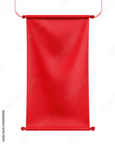 A vibrant red banner hangs suspended from above with decorative tassels, creating a striking visual perfect for announcements or creative messaging display.