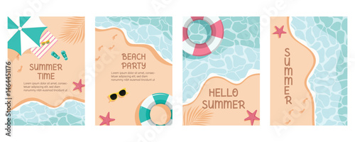 Hello summer beach clipart poster set. Summer greeting text in seaside beach background clip art for sunny day postcard template collection with tropical elements,  vector illustration.