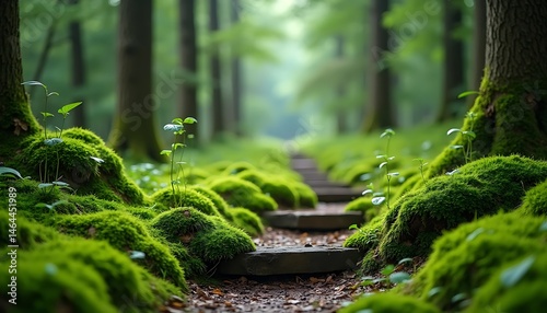 forest path into mesmerizing realm of a verdant green forest, green path adorned with velvety blankets of mos