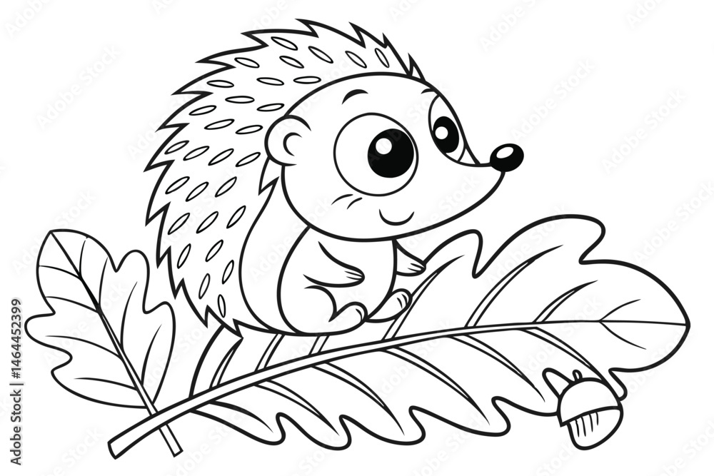 Fototapeta premium 98 Cute cartoon hedgehog, black and white line drawing, simple illustration, spiky quills, large eyes, sitting on a leaf, childlike style, coloring book page, minimalist design, whimsical character, r