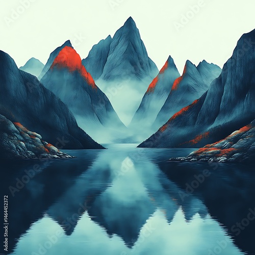 Misty mountain range reflected in tranquil lake.