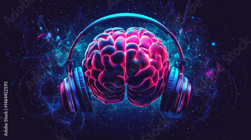 Music brain and musical therapy. Human brain with headphones