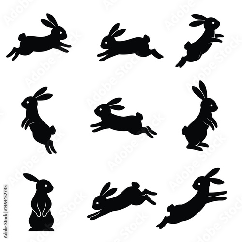 Cute bunny rabbit jumping in different positions. Bunny rabbit silhouette set vector on a white background. Cute rabbit standing silhouette collection. Bunny silhouette icon bundle design.