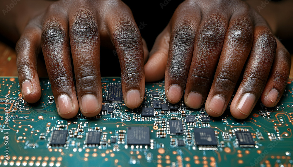 Fototapeta premium Closeup of Dark Brown Hands Carefully Working on a Green Circuit Board