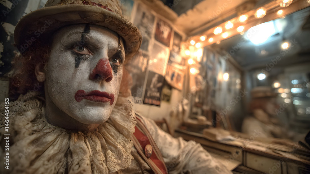 Fototapeta premium Sad Clown in Abandoned Cinema Ticket Booth