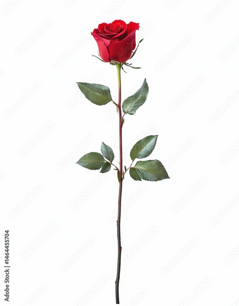 Naklejka premium Elegant single red rose with green leaves isolated on white background, symbolizing love, passion, beauty, and romance in floral designs and arrangements