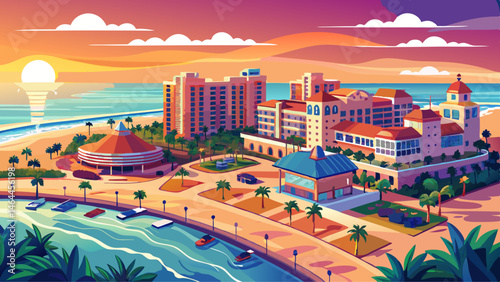 Clearwater Beach Florida. Panorama of city. Hotels and Resorts on Island. Summer vacations in Florida. Spring break. Sunset time. Beautiful View. Gulf of Mexico or Gulf of America. Aerial view
