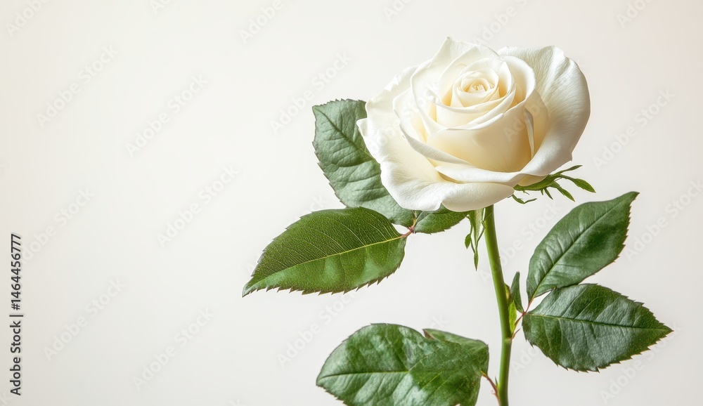 Fototapeta premium Elegant White Rose with Fresh Green Leaves on a Soft Neutral Background, Symbolizing Purity and Beauty in Floral Arrangements and Decorations