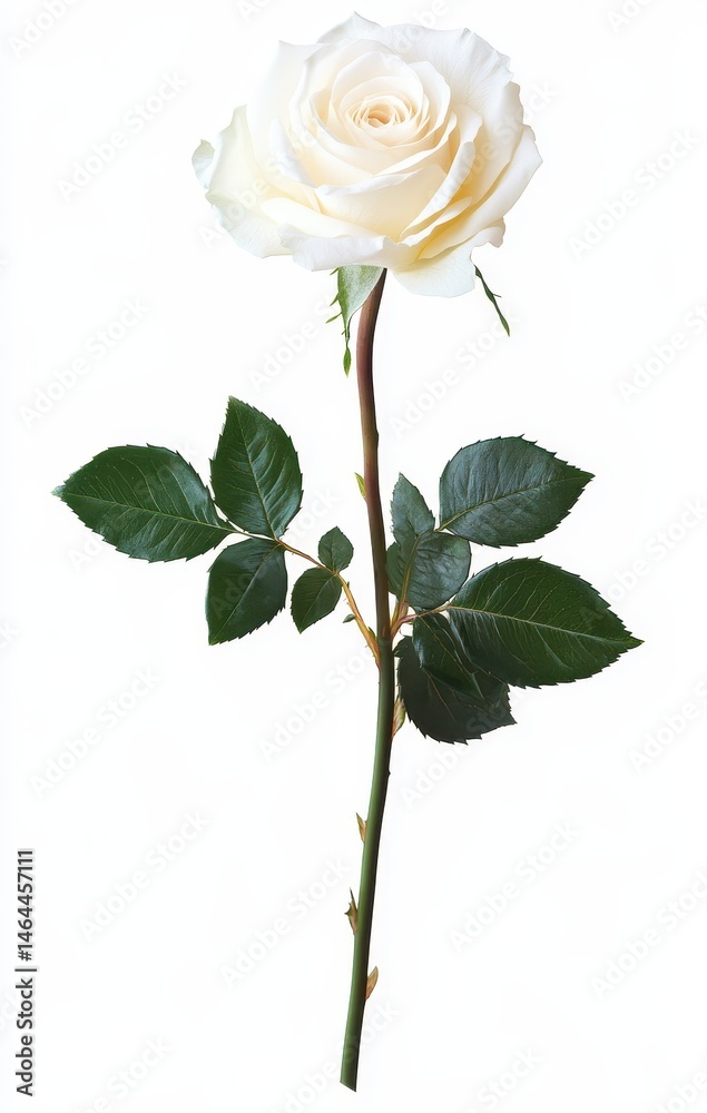 Obraz premium Elegant White Rose with Green Leaves on a Stem Isolated on a Bright Background Perfect for Celebrations, Weddings, and Romantic Occasions