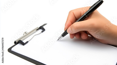 Legal Precision: Close-Up of Hand Holding Pen Writing on Document with Clipboard

 photo