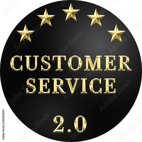 Customer Service 2.0 Badge with Five Gold Stars and Gold Text on Black Circle - relief 