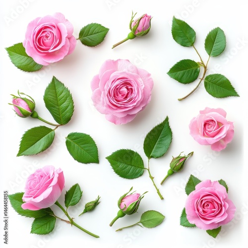 Flat Lay Arrangement of Pink Roses and Green Leaves on White Background Featuring Various Stages of Blooming and Budding Flowers