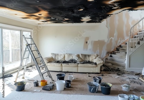 Post-fire living room with burned ceiling, soot-covered sofa, and debris.