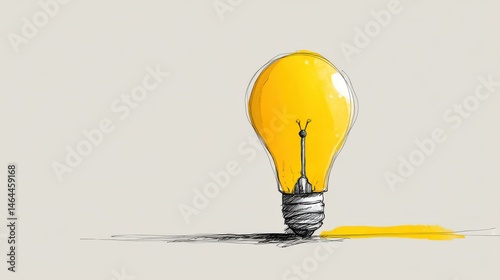 A simple line drawing of a glowing yellow light bulb, minimal outline style with soft neon glow, white background, clean vector illustration