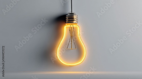 A simple line drawing of a glowing yellow light bulb, minimal outline style with soft neon glow, white background, clean vector illustration