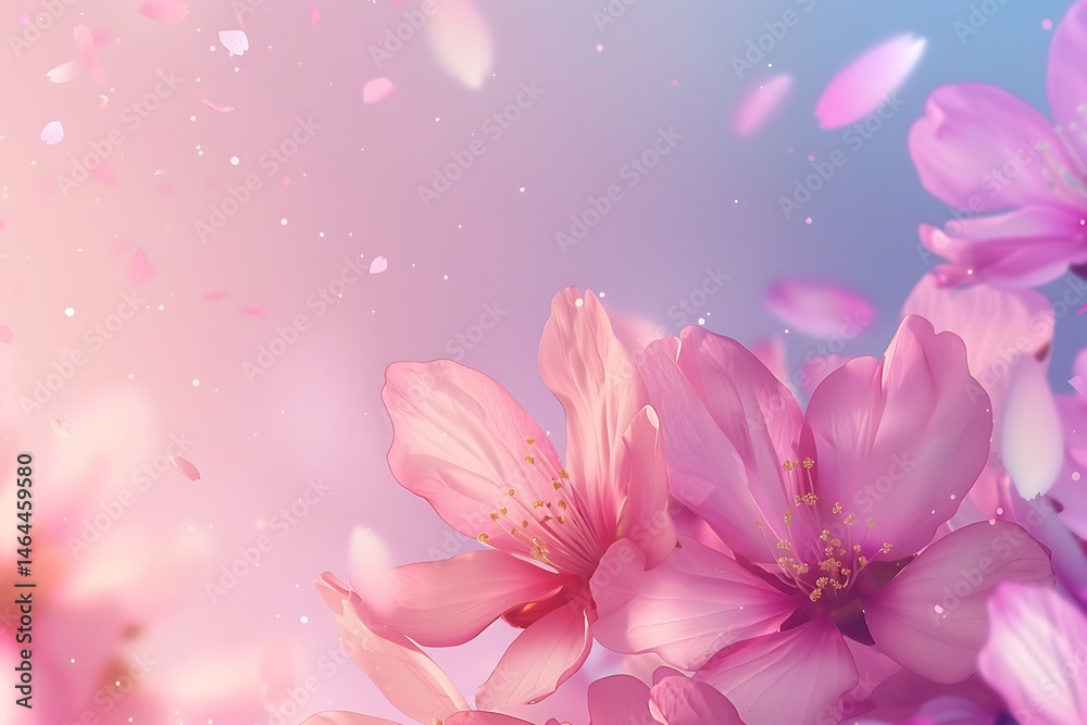 Fototapeta premium Dreamy Pink Cherry Blossom Photo With Falling Petals And Soft Pastel Background