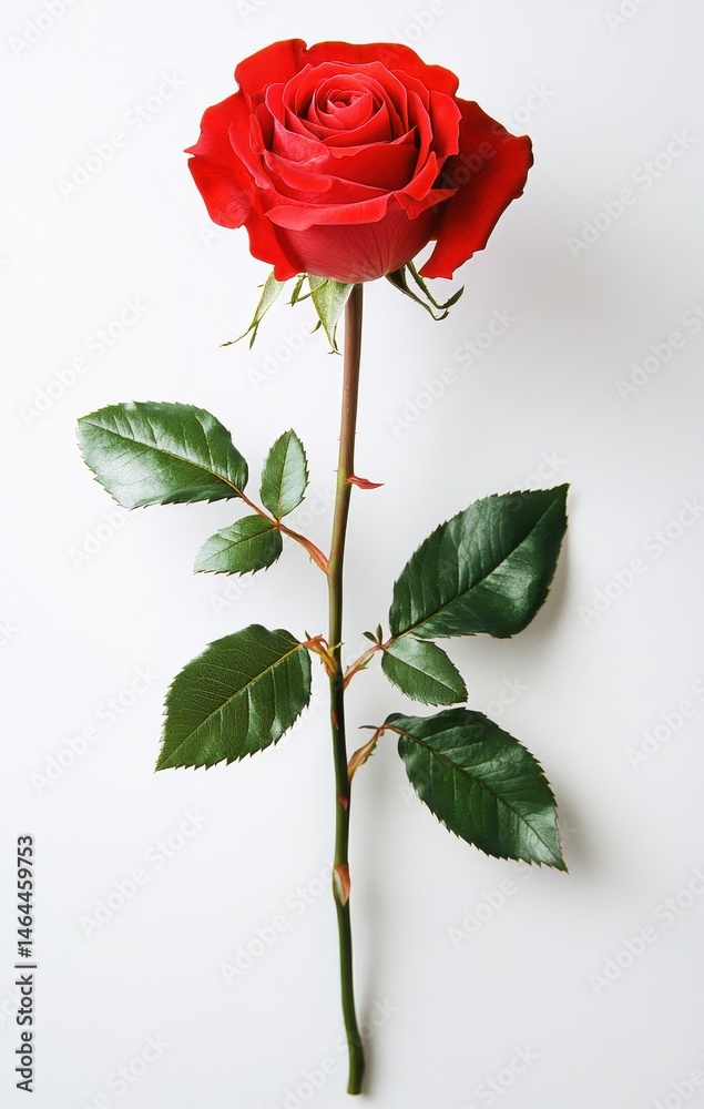 Obraz premium Red Rose with Green Leaves on White Background, Symbol of Love, Romance, Beauty, and Elegance, Perfect for Various Celebratory Occasions or Artistic Displays