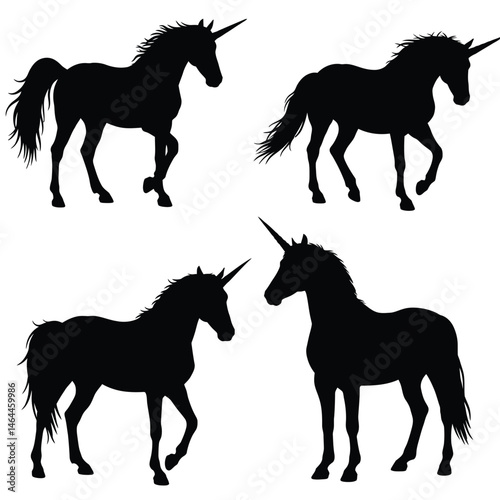 Mythical creatures like unicorn, silhouettes on a white background. Unicorn full body silhouette collection. Wild unicorn running in different positions. Beautiful mythical horse silhouette bundle.