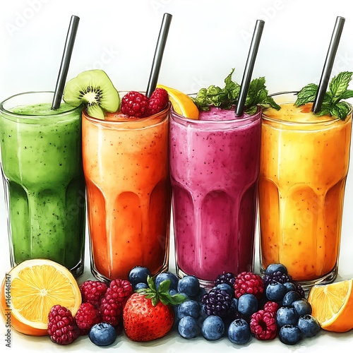 Colorful fruit smoothies in glass tumblers.