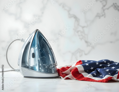 Ironing Fabric with Stars and Stripes Pattern on Marble Surface