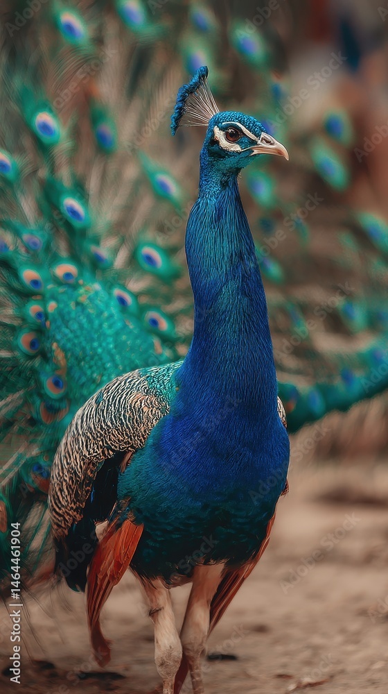 Obraz premium Majestic peacock displays vibrant plumage and graceful posture.