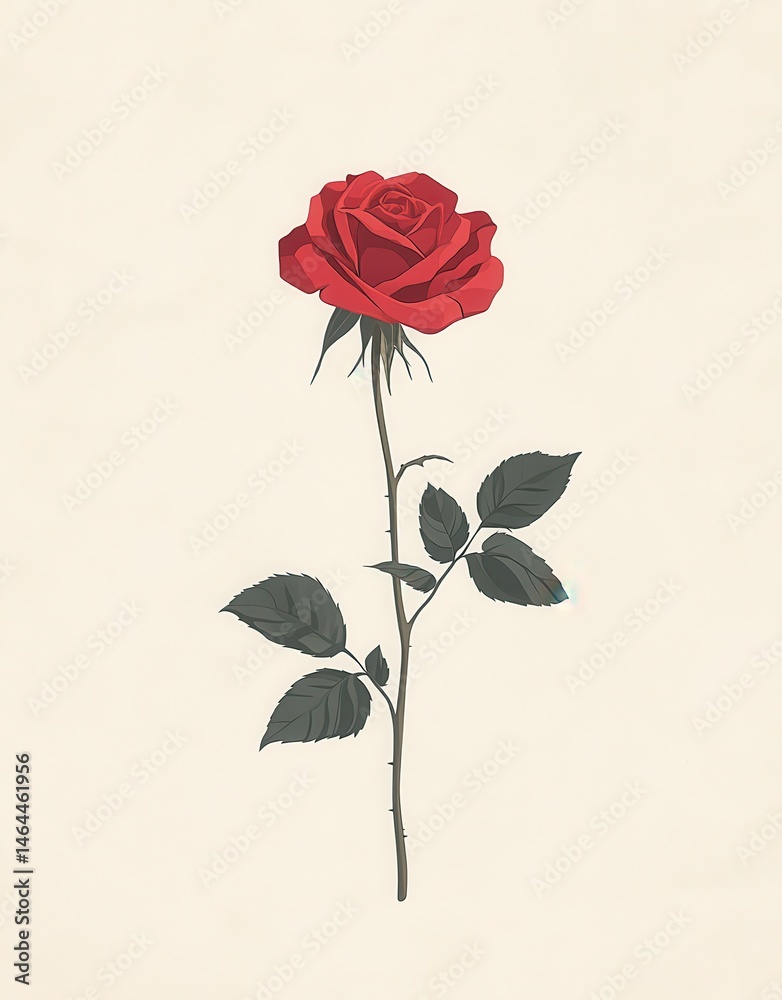 Fototapeta premium Single red rose illustration with detailed petals and leaves on a light background, symbolizing love, beauty, and elegance in a minimalist style