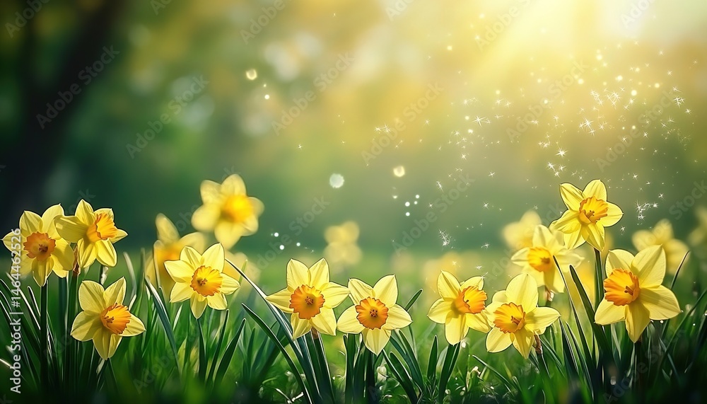Obraz premium Yellow daffodils blooming in a grassy field under sunlight with sparkling effects.