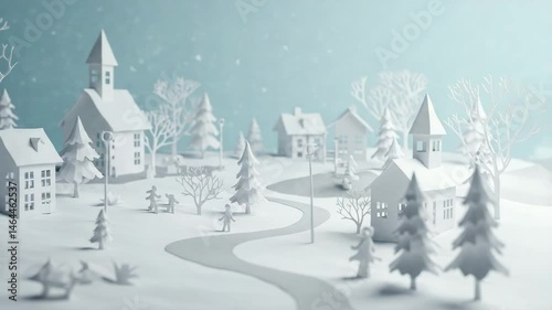 Winter village scene in paper art style with snowy background  