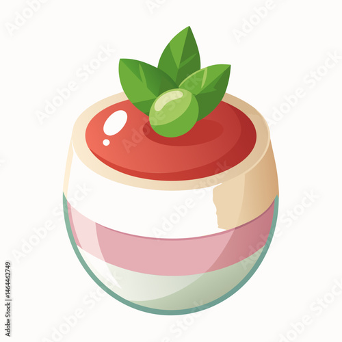 Layered Dessert with Red Sauce and Basil Garnish