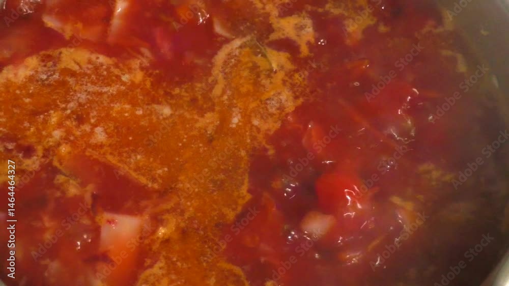 Cooking soup borsch. Beetroot, cabbage, and tomato soup. Rich vitamin borscht from vegetables.