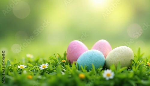 Soft pastel-colored eggs nestled in spring grass , painted, holiday decor