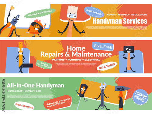 A set of banners offering home repair services, featuring fun illustrations and information about service options