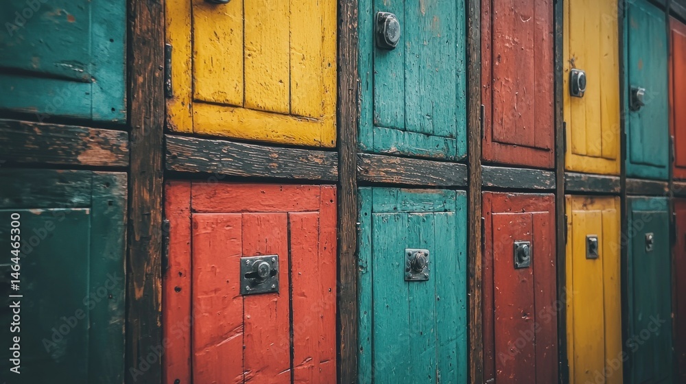 Fototapeta premium Colorful wooden lockers. Rows of brightly painted wooden lockers, various shades of vibrant colors, create a visually appealing display. The lockers have simple