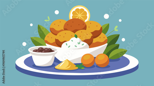 A mouthwatering display of Mediterranean flavors including crispy falafel creamy tzatziki and flavorful herbed olives.. Vector illustration