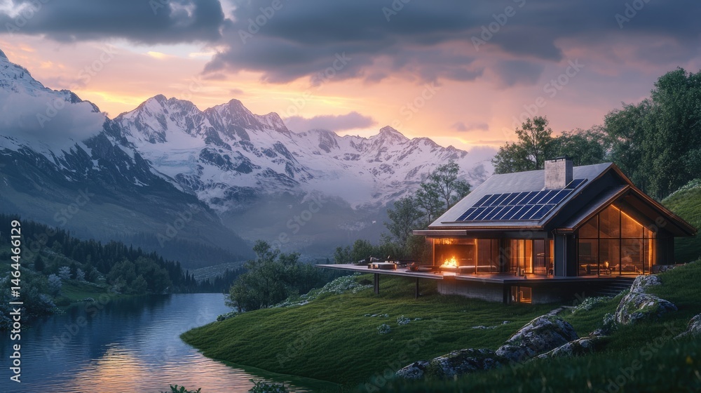 Obraz premium Modern Eco House in Stunning Mountain Landscape at Sunset