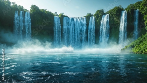 Mountain waterfalls cascade through lush green forests