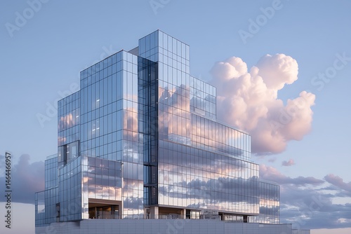 A modern glass building reflecting the clouds against a light blue sky in an urban environment area