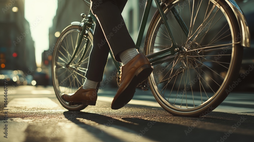 Naklejka premium The Urban Navigator: A close-up of a man's legs, clad in a sleek dark suit and polished brown leather shoes, walking confidently across a busy city streetGreen retro bike parked on.