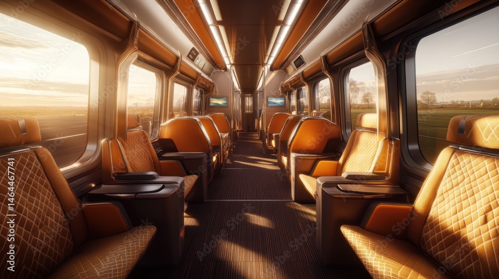 Fototapeta premium Modern Train Interior, Sunrise View