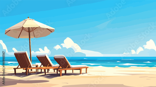 Serene Beach Scene: Beach umbrella with a light-colored canopy casts shade over three empty chaise lounges on a sun-kissed sandy beach facing the ocean on a beautiful day.