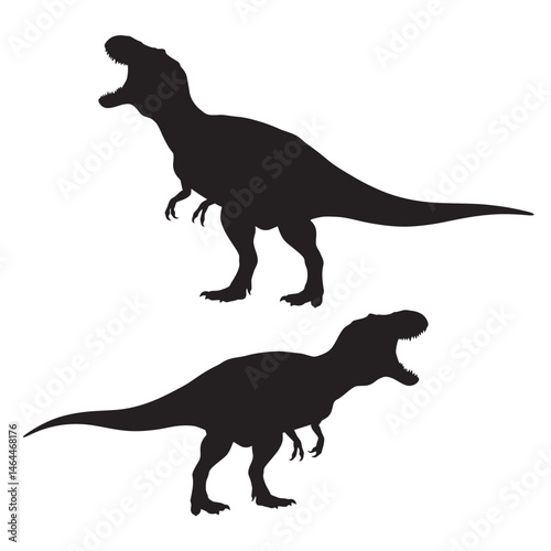 Dinosaur roaring in different positions, silhouette set vector. Big dinosaur standing silhouette collection on a white background. Historic carnivore animals full body silhouette bundles.