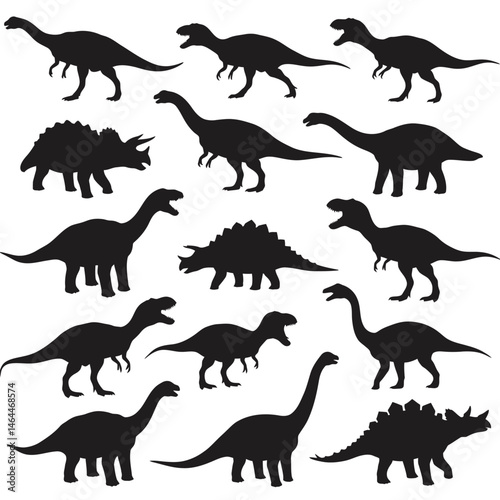 Dinosaur roaring in different positions, silhouette set vector. Big dinosaur standing silhouette collection on a white background. Historic carnivore animals full body silhouette bundles.