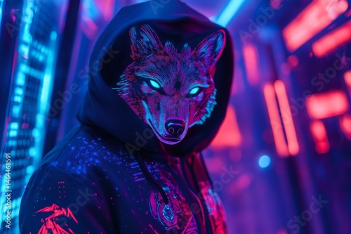 Hacker with futuristic hoodie featuring a glowing wolf face stands in a vibrant cyberpunk environment
