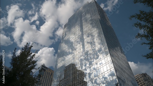 View of a tall glass skyscraper reflecting clouds and sky with trees framing the sides of the building