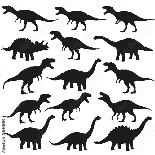 Dinosaur roaring in different positions, silhouette set vector. Big dinosaur standing silhouette collection on a white background. Historic carnivore animals full body silhouette bundles.