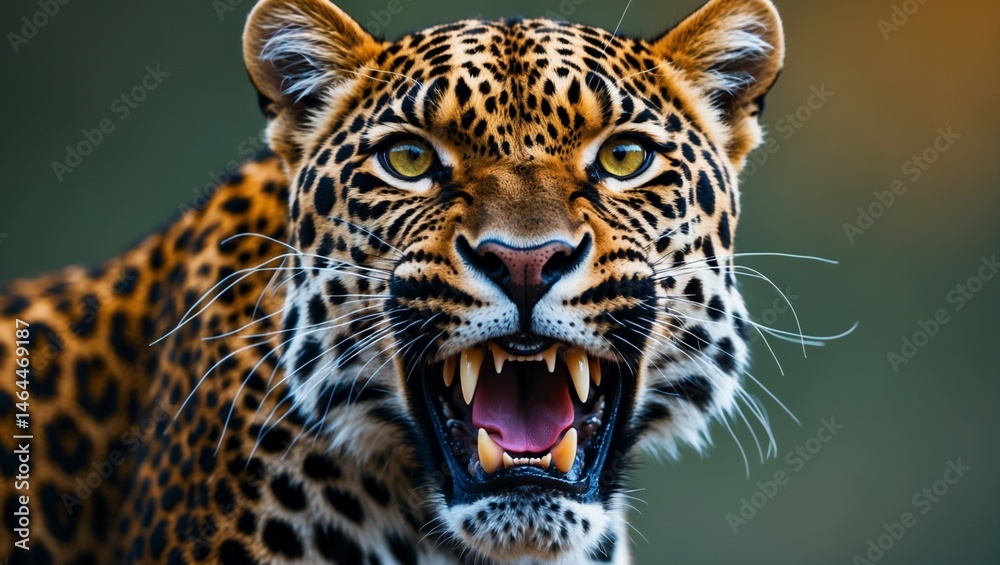 Obraz premium Close-up portrait of a spotted big cat, a jaguar or leopard, a wild predator in nature