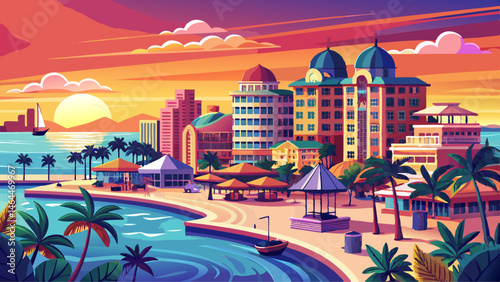  Very beautiful Clearwater Beach Florida. Panorama of city. Hotels and Resorts on Island. Summer vacations in Florida. Spring break. Sunset time